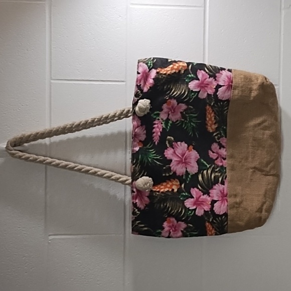 Floral Canvas Burlap Thick Cotton Rope Handles Beach Tote Bag Zip Top Closure - Picture 1 of 13